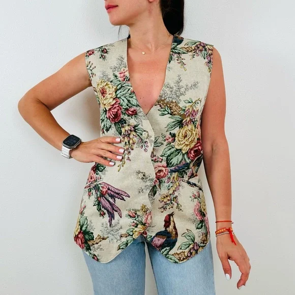 F. L. Malik Vintage 90s floral tapestry vest linen blend boho - Picture 2 of 11